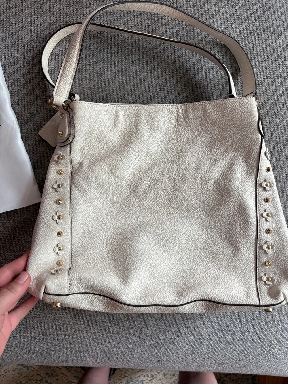 Coach Edie 31 Pebbled Leather Shoulder Bag with Flower Accents in Cream